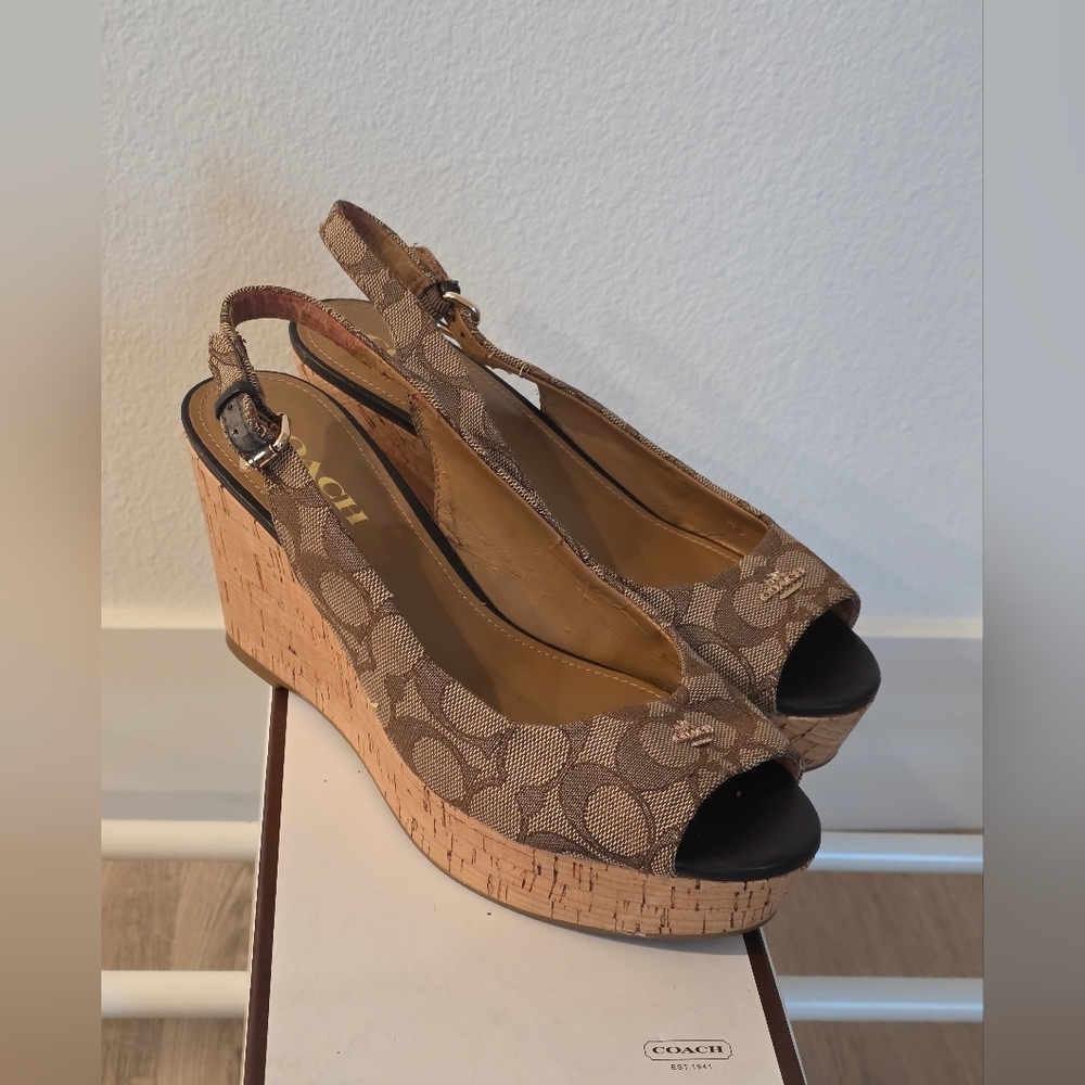Coach Beige Signature Canvas Cork Wedge Slingback Sandals